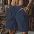 Casual men's dark blue breathable cotton linen shorts with drawstring elastic waist - Dark Blue