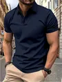 Detail showing a men's navy blue slim fit short sleeve polo shirt in street style - Navy Blue