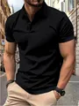 Detailed view of a black slim-fit polo shirt with classic three-button placket design - Black