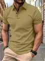 Detail of a men's slim fit khaki short sleeve polo shirt in a stylish street setting. - Khaki
