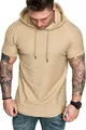 Close-up of slub texture fabric on men's khaki hooded short sleeve slim fit T-shirt - Khaki