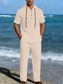 Elegante set in lino da uomo due pezzi con camicia a maniche corte con cappuccio - S / Beige