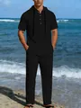 Completo casual da uomo in lino nero con maglia a maniche corte con cappuccio e pantaloni. - S / Nero