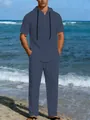 Set da uomo in lino blu composto da top con cappuccio a maniche corte e pantaloni. - S / Blu scuro