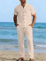 Ensemble deux pièces en lin beige pour homme avec chemisette et pantalon - S / Kaki