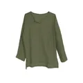Casual loose fit men's olive green linen cotton long sleeve shirt with a classic V-neck - Army Green