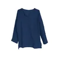 Detail view of navy blue long-sleeved cotton linen shirt featuring a notched V-neck collar - Navy Blue