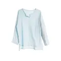 Light blue men's Chinese style cotton linen long sleeve shirt with a relaxed V-neck design - S / Light Blue