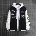 Ανδρικό ασπρόμαυρο τζάκετ varsity με κουκούλα, streetwear μπαλώματα και κεντήματα. - S / Μαύρο