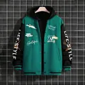 Stylische grüne und schwarze Herren-Collegejacke mit Kapuze und Streetwear-Grafiken - Grün