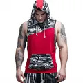 Close-up view of a men's red and grey camouflage hooded sleeveless sports tank top vest - Burgundy