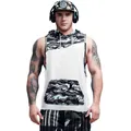 Débardeur de sport à capuche pour homme avec design patchwork camouflage stylé - M / Débardeur à capuche sans manches / Blanc