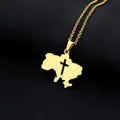 Close-up of gold Ukraine map pendant with cross cutout on a polished O-chain link - Map Cross Style (金色项链E) / Gold