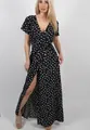 Zwarte dames maxi-wikkeljurk met witte stippen, korte mouwen en een zijsplit detail - S / Zwart