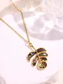Golden necklace featuring a leaf pendant with iridescent shell inlay on stone - Leaf Shape / Colorful