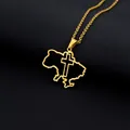 Gold-plated stainless steel Ukraine map pendant necklace with cutout cross design - Map Cross Style (金色项链M) / Gold