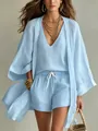Prachtig chique 3-delige linnen set in lichtblauw met vest, top en korte broek - S / 3-delige set / Lichtblauw
