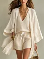 Close-up of three-piece cotton linen set featuring long cardigan and V-neck vest - S / Three-Piece Set / Khaki