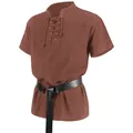 Heren middeleeuws renaissance shirt in roodbruin met riem en bandage korte mouwen - S / Bordeauxrood