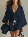 Elegant women's three-piece navy blue cotton linen set with long cardigan and shorts - S / Three-Piece Set / Navy Blue