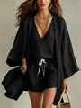 Elegant driedelig dames vrijetijdspak van zwart katoen-linnen met lange cardigan - S / 3-delige set / Zwart