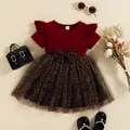 Schattige meisjes bordeaux geribbelde jurk met korte mouwen en luipaard print tule rok - Bordeauxrood / 80cm