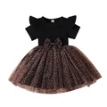 Toddler girl leopard print mesh tutu dress with black ribbed cotton bodice and large bow - Black / 90cm