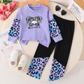 Elegante set autunnale da bambina, felpa con stampa leopardata viola e pantaloni neri - Set Coniglio Viola / 3-4Y