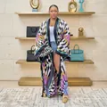 Bohemian style women's autumn long sleeve printed kimono cardigan with geometric patterns - One Size / Tops / Black White Grid Purple Flower
