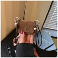 Retro brown suede mini crossbody coin purse with bead strap and silk scarf detail - Style 2 / Brown