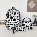 3-teiliges Schulranzen-Set mit Kuhmuster inkl. Rucksack Lunchbox und Mäppchen - Rucksack Lunchtasche Federmäppchen (Kuh Weiß) / Weißes Kuhmuster