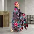 Elegant vibrant multi-color floral print long kimono duster cardigan for women with loose fit - One Size / Tops / Black with Floral