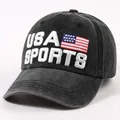 Cappellino da baseball vintage in cotone nero lavato con ricamo USA SPORTS e bandiera - Regolabile / Nero