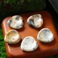 Set of five 30mm heart-shaped natural bumblebee agate worry stones on a wooden stand. - 30MM / Crazy Agate