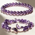 Elegant natural amethyst beaded bracelet set featuring butterfly charm and chip stones - Natural Amethyst