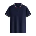 Classic navy blue men's polo shirt featuring contrast white and red trim on collar - Navy Blue
