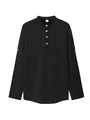 Schwarzes Henley-Langarmshirt für Herren mit Waffelstrick, Stehkragen und Knöpfen - S / Schwarz