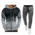 Men's grey leisure tracksuit with black ink splatter print zip hoodie and joggers set - Light Gray & Dark Gray