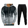 Men's two-piece tracksuit with ink splatter print zip-up hoodie and black joggers - Light Gray with Black