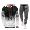 Men's casual ink splatter printed tracksuit set with zip-up hoodie and joggers for autumn - White And Dark Grey
