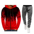 Detailed shot of men's red black splatter zip-up hoodie and grey joggers sportswear. - Red And Dark Grey