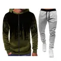 Detailed view of men's army green splatter print zip-up hoodie and gray joggers - S / Military Green And Light Grey