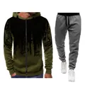 Men's casual tracksuit set with green ink splatter zip-up hoodie and grey joggers. - S / Military Green And Dark Grey