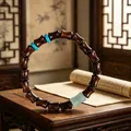 Bracelet artisanal traditionnel en bois de rose foncé style bambou avec perle jade. - Bois de Rose Noir 8x10mm Forme de Bambou avec Jade et Turquoise