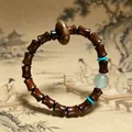 Bracelet en bois de santal noir fait main avec perles en forme de bambou et pierre de jade. - Bois de Rose Noir Forme de Bambou avec Anneau et Turquoise 8x10mm