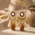 Bohemian tribal style long tassel earrings with golden leaf charms and beads - Beaded Leaf Tassel (S2966)