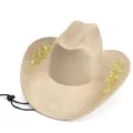 Beige western cowboy hat with golden floral embroidery and adjustable strap - M (56-58cm) / Beige Gold (Gold Flower Embroidery)