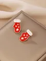 Boucles d'oreilles clous mitaines de Noël rouges avec étoiles dorées sur un bel écrin - Style de Gant de Noël Rouge avec Pentagramme (21)