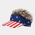 Sun visor hat with synthetic hair wig featuring American flag stars and stripes pattern - Adjustable / Tan Wig Stars & Stripes Style (16#色)