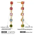 Detailed view of stainless steel colorful zirconia tassel earrings with measurement specifications - Five-color Round Zirconia Tassel Style (JDE0303333)
